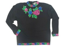 Vintage 80s 90s Sweater Black Medium Jewels Colorful Sequins Embellished Bling