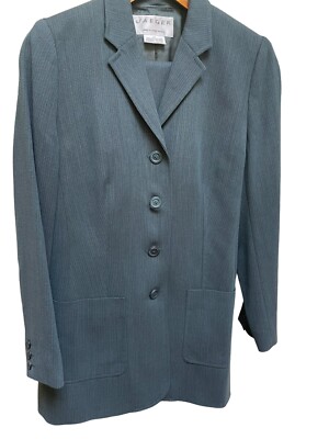Jaeger Pant Suit Teal Long Jacket Straight Leg Pants Virgin Wool Blend Size 10
