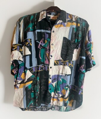 Vintage CAMPUS Mysterious Print Secret Code Abstract Art Button Up Rayon Shirt L