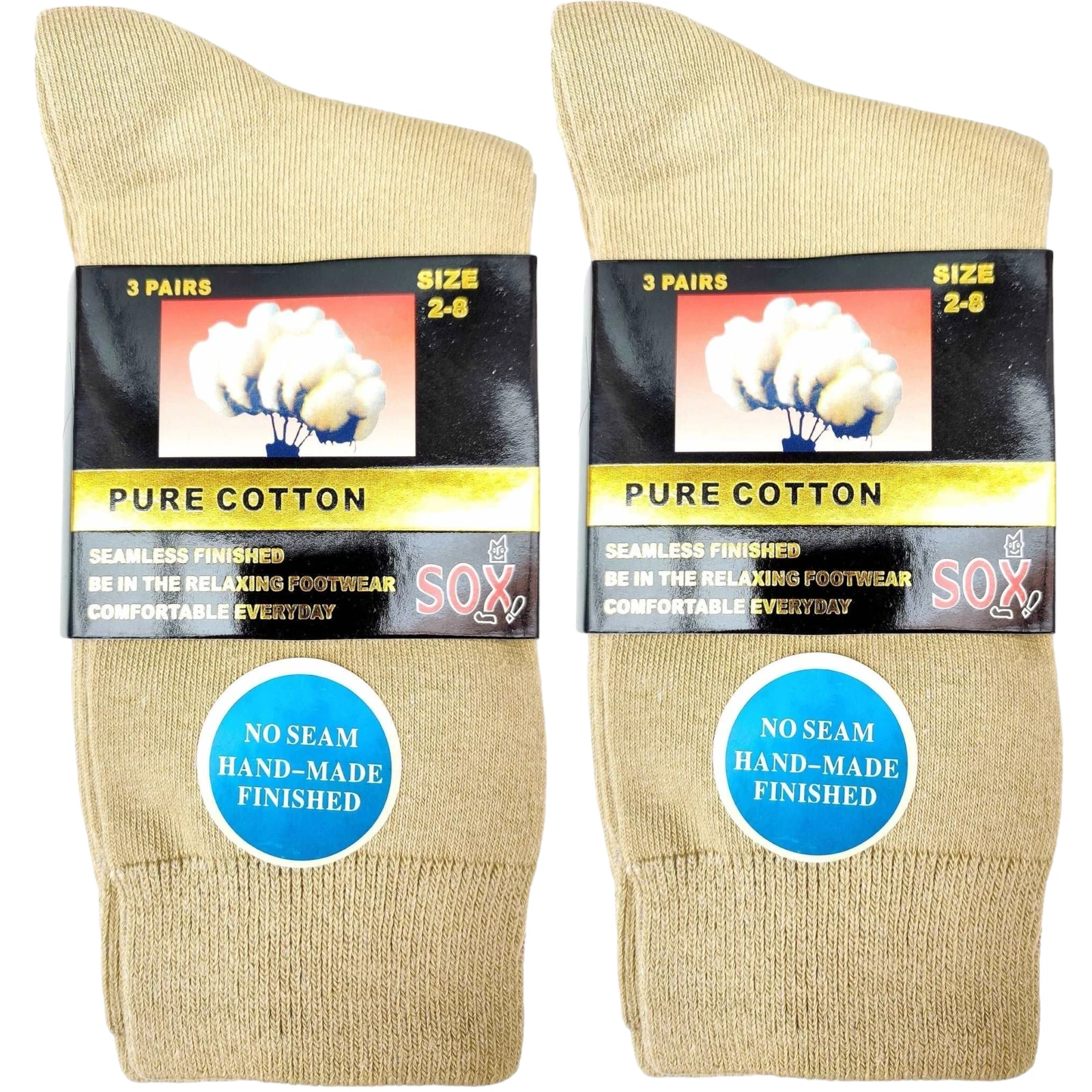 6 Pairs Beige Seamless Pure Cotton Crew Socks Casual Breathable Office School Dr