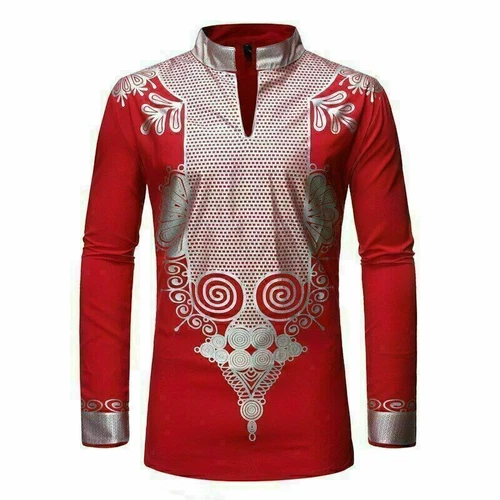 Hot Men Print Shirt African Dashiki Luxury Tribal Metallic Gold Top Blouse Shirt - Picture 17 of 17