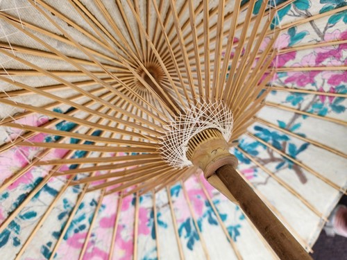 VTG RICE PAPER/BAMBOO ASIAN JAPANESE CHINESE FLORAL BUMBLE BEES UMBRELLA PARASOL - Picture 19 of 24