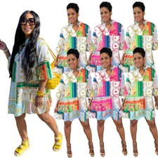 Crew Neck Open Chest Loose Gold Chain Shirt Dress Positioning Print for women
