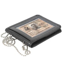 Black Leather Bi-Fold ID Holder & Neck Chain Clear PVC Pocket Wallet