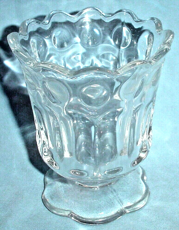 EAPG FOOTED CELERY VASE CLEAR GLASS THUMBPRINT PANELS SCALLOPED FOOT & TOP/4.5"