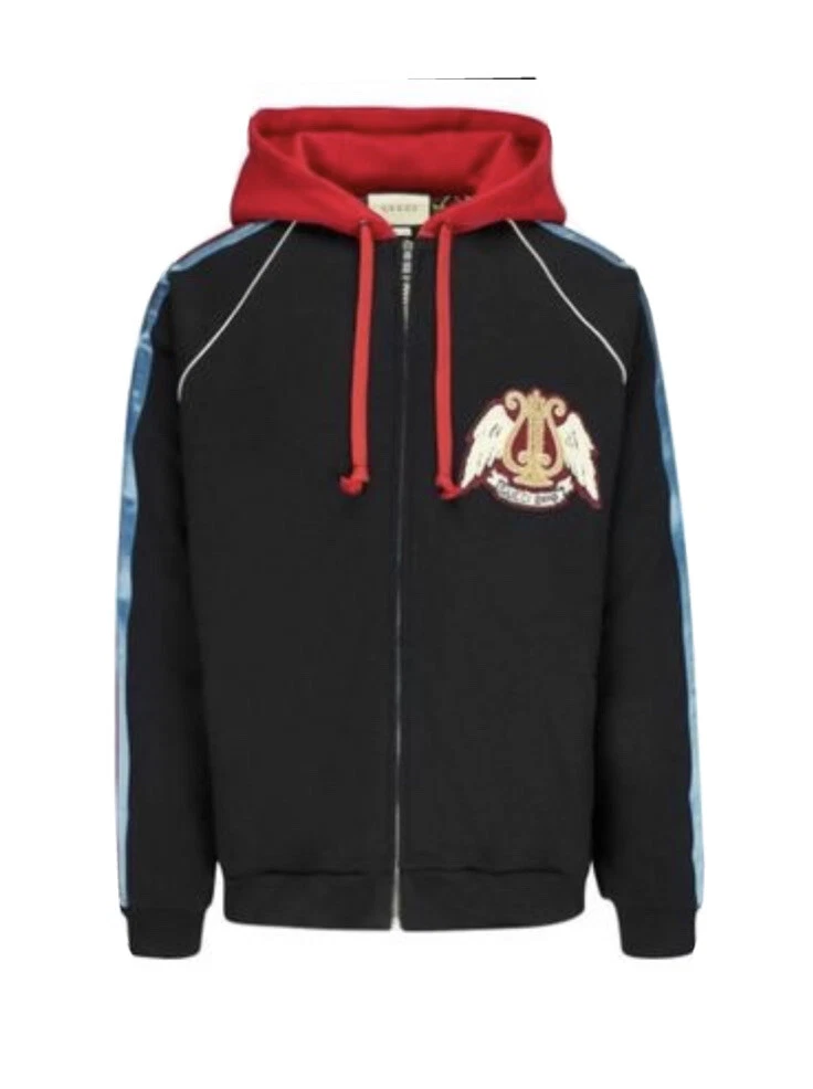 Gucci band zip bomber jacket l felpa cappuccio nero rosso arph uomo donna felpa con cappuccio