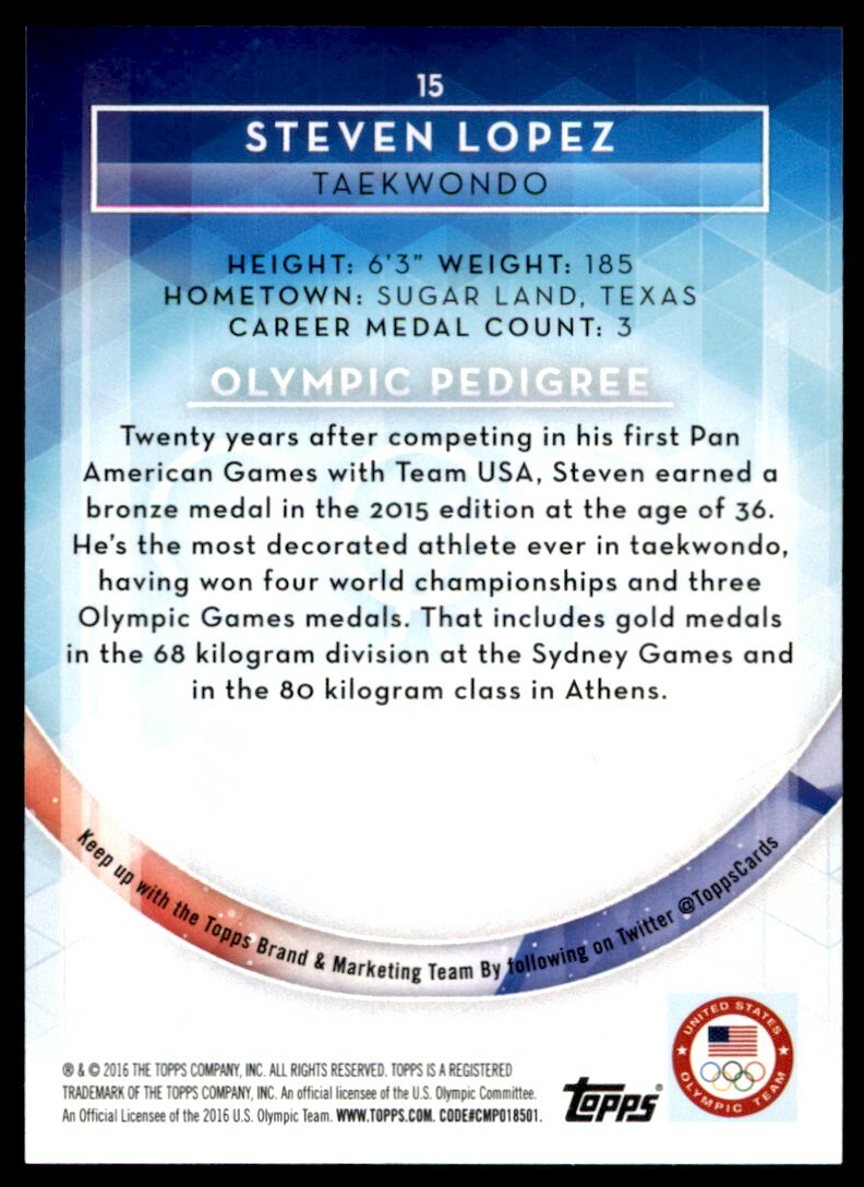 2016 TOPPS US OLYMPIC TEAM STEVEN LOPEZ TAEKWONDO #15 | eBay