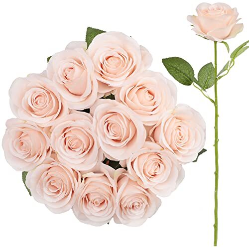 12pcs Roses Artificial Flowers Pink Fake Roses Flowers with Long Stems