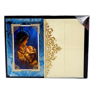 HOME 18 Christmas Card Pack with Envelopes Virgin Mary Holding Baby Jesus Blue