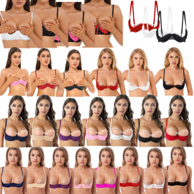 US Women Mesh See Through Lace 1/4 Cups Bralette Padded Underwire Shelf Bra Tops