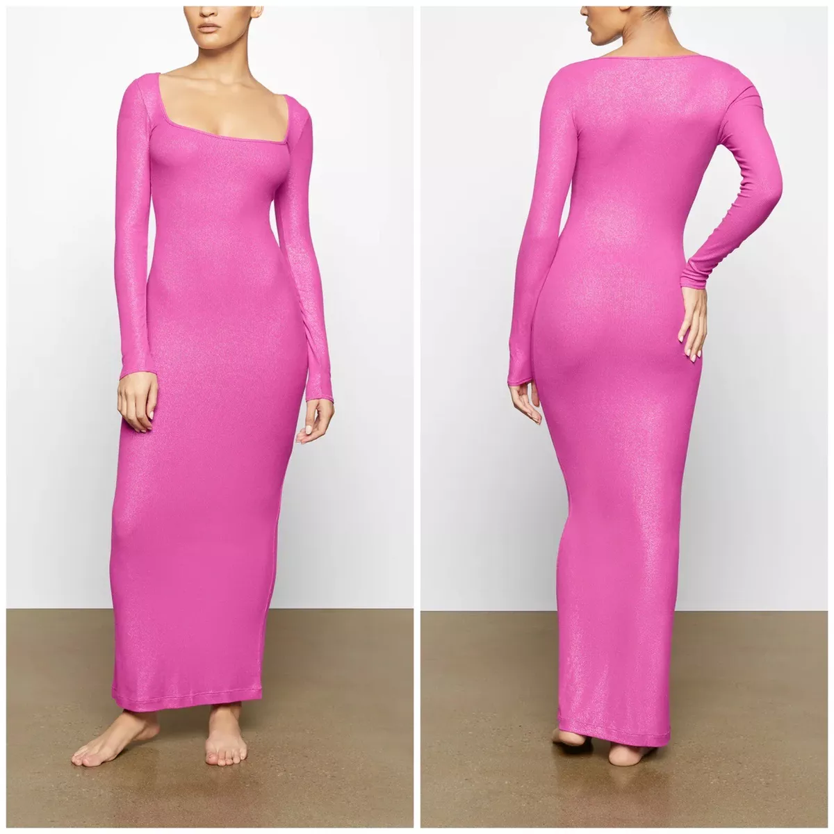 SKIMS Lounge Ribbed Long Sleeve Maxi Dress in Fuchsia Foil Pink Barbie Sz M  NWT