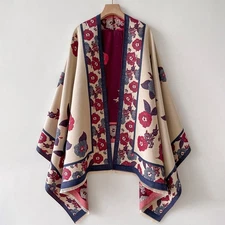 Reversible Floral Shawl Wrap Poncho Blanket Scarf Fall Winter Tassel Fringe