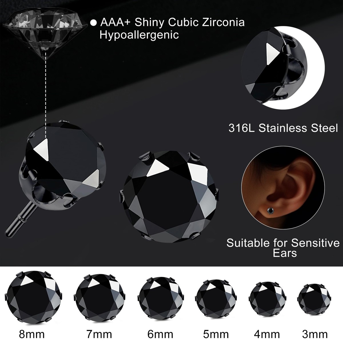 3mm Black Cubic Zirconia Solitaire Stud Piercing Earrings In Solid Titanium - Foto 4