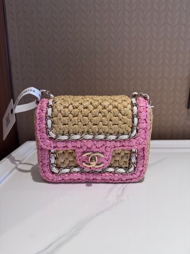 Chanel Classic Flap Mini Pink Beige Straw Silver HW Bag Authentic Preowned