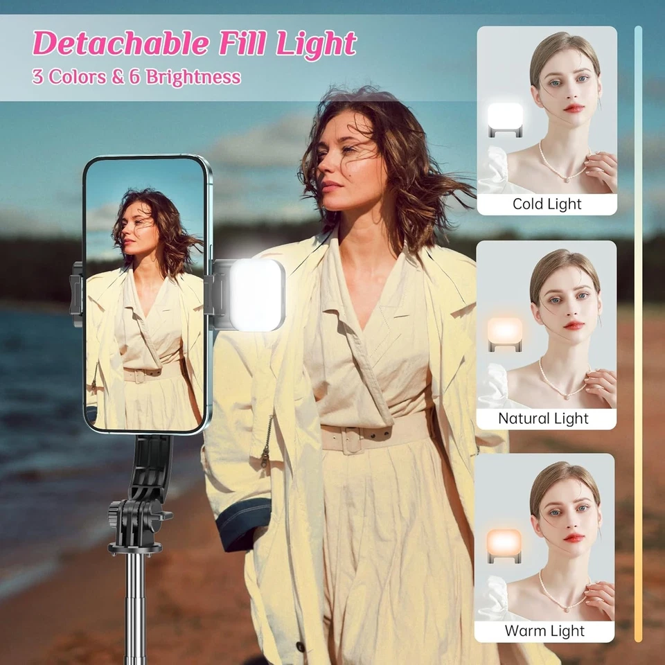 Trípode palo selfie de aluminio extensible con luz de relleno soporte remoto para teléfono Foto 4 de 4