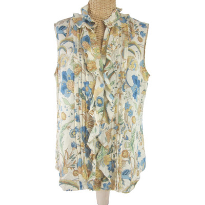 Talbots Womens 10 Yellow Blue Birds Floral 100% Silk Ruffle Pleated SS Shirt