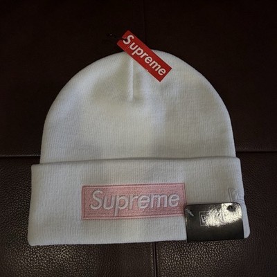 Supreme White Beanie Hat Pink Embroidered Box Logo Casual
