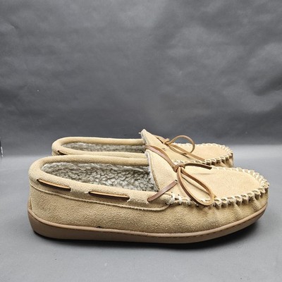Minnetonka Pile Lined Slippers Mens Size 9 Beige Leather Faux Fur Moccasin Shoes