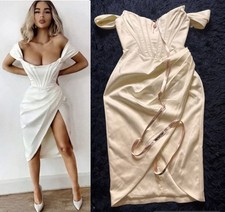 NWT HOUSE Of CB LORETTA Ivory Satin Off Shoulder Asymmetrical Dress. Size M