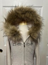 Rare Bebe cropped greyish white and with brown faux fur hoodie