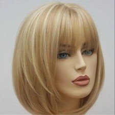 Short Straight Bob Hair for Women Party Gold Blonde Synthetic Wigs with Bangs