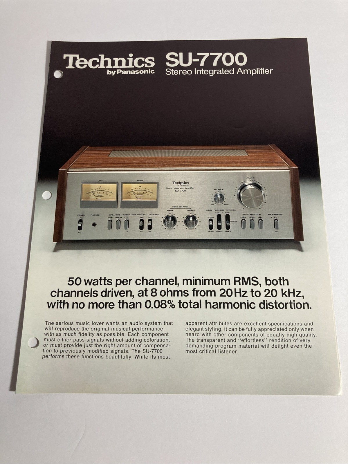 Technics SU-7700 Integrated Amplifier Transistor Original Brochure.  Japan