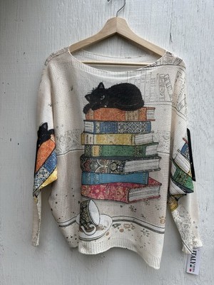 Neu Made in Italy Katze auf Bücherstapel Print Pullover / Strick One Size