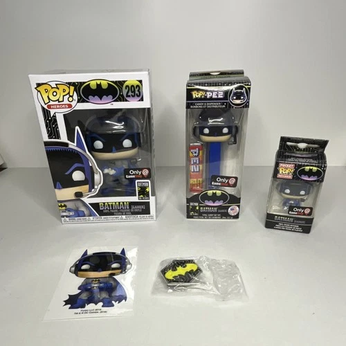 Funko Pop Batman Gamer GameStop Exclusive Box Set #293 PEZ Keychain Sticker Pin