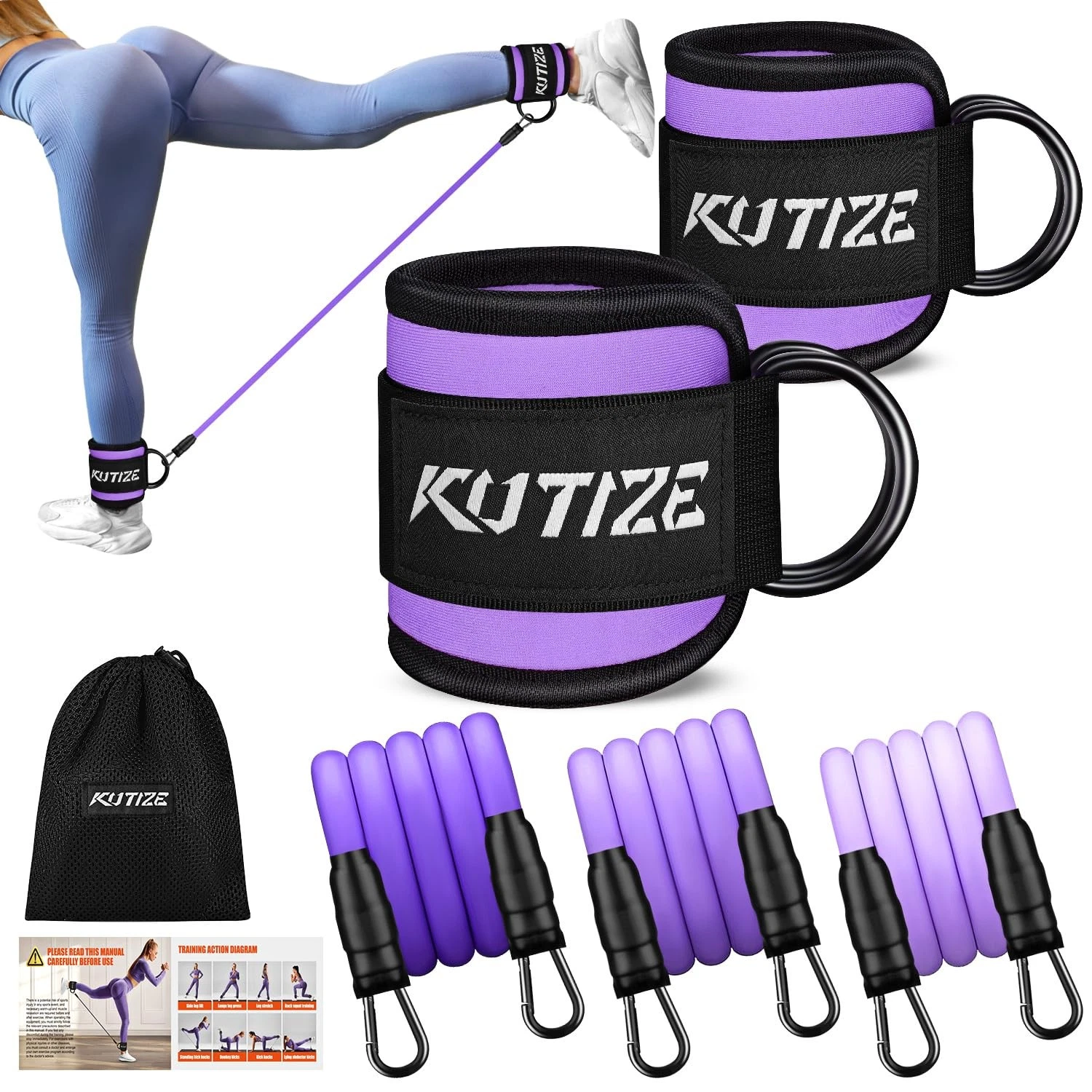 Kutize Ankle Resistance Bands w/ Cuffs & Guide - Women's Leg/Butt Workout