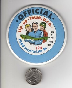 1989 TIP UP TOWN OFFICIAL BADGE PIN PINBACK-MICHIGAN DNR DEER FISHING PATCHES