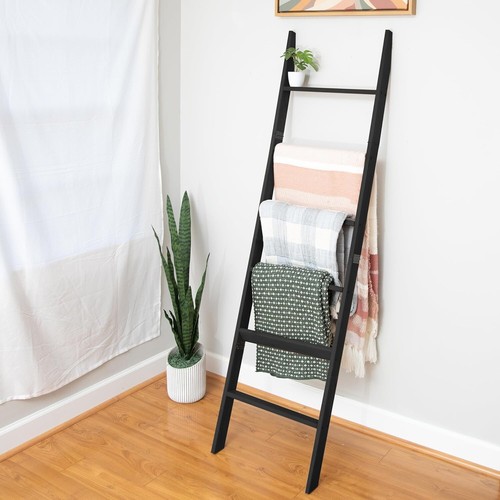 Rustic Folding Blanket Ladder Made of Black Weathered Wood for Cozy Decor - Picture 3 of 8