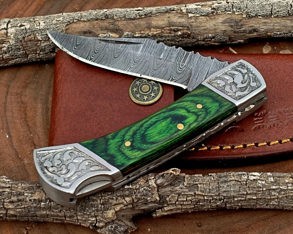 Cuchillo de bolsillo plegable con bloqueo trasero hecho a mano Damasco camping caza cuchillo y bolsa Foto 3 de 4
