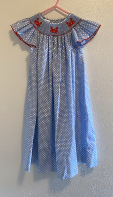 Edgehill Collection Girls Smocked Dress Blue White Dot Crabs Nautical  4T NWOT