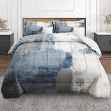 Blue Grey Painting Comforter Set Queen Size Bedding Set Abstract Gray Contemp...