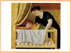 Yu.Kugach 1977 Russian postcard YOUNG MOTHER WITH BABY AT CRADLE