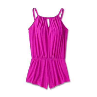 Aqua Green Women's High Neck Swim Romper with Pockets - Purple Size Small