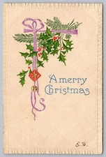 Christmas Greeting Purple Ribbon & Holly Woehler Embossed Postcard c1907