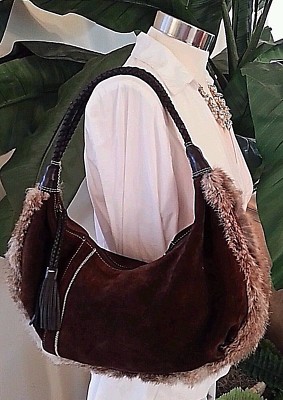 Maxx NY New York Brown Leather Suede Rabbit Fur Hobo Bag Purse Shoulder EUC