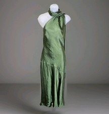 Hello Molly Athenian Satin Maxi Dress 4 Olive Green Open Back Formal Goddess NWT
