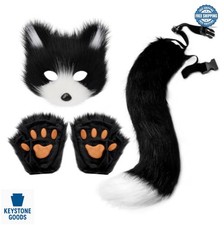 Faux Fur Cat Fox Wolf Mask Tail Gloves Set Halloween Cosplay Party Adult