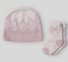 NWOT Barefoot Dreams CozyChic Lite Baby Fair Isle Beanie/Socks Dusty Rose/Cream