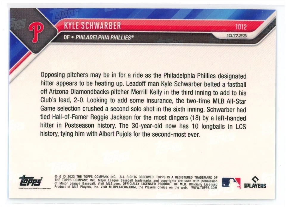 2023 Topps Now Kyle Schwarber Phillies #1012 - Image 2 of 2