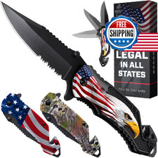 Patriotic Legal Pocket Knife Bald Eagle - 2.95 Serrated Sharp Blade - Small Tac