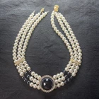 Vintage Faux Pearl Black Pendant Rhinestones Necklace Costume Jewelry