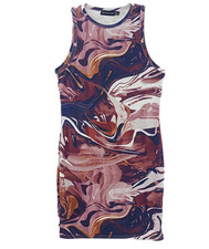 PRETTYLITTLETHING Brown Swirl Dress Womens UK 12 Slinky Stretchy Ruched Bodycon