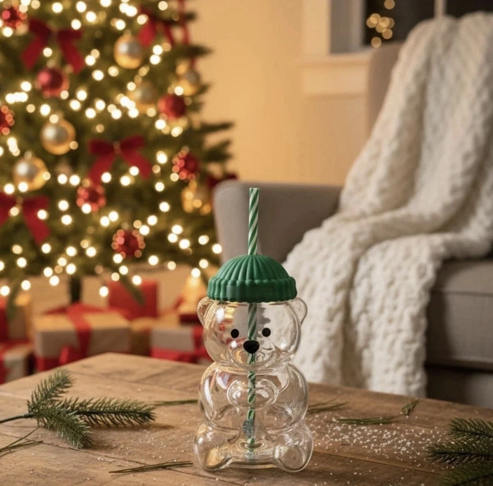 2025 Holiday New Glass Bear Cold Cup With Straw 20oz Mug Jar Coffee Unbranded - Image 3 of 4