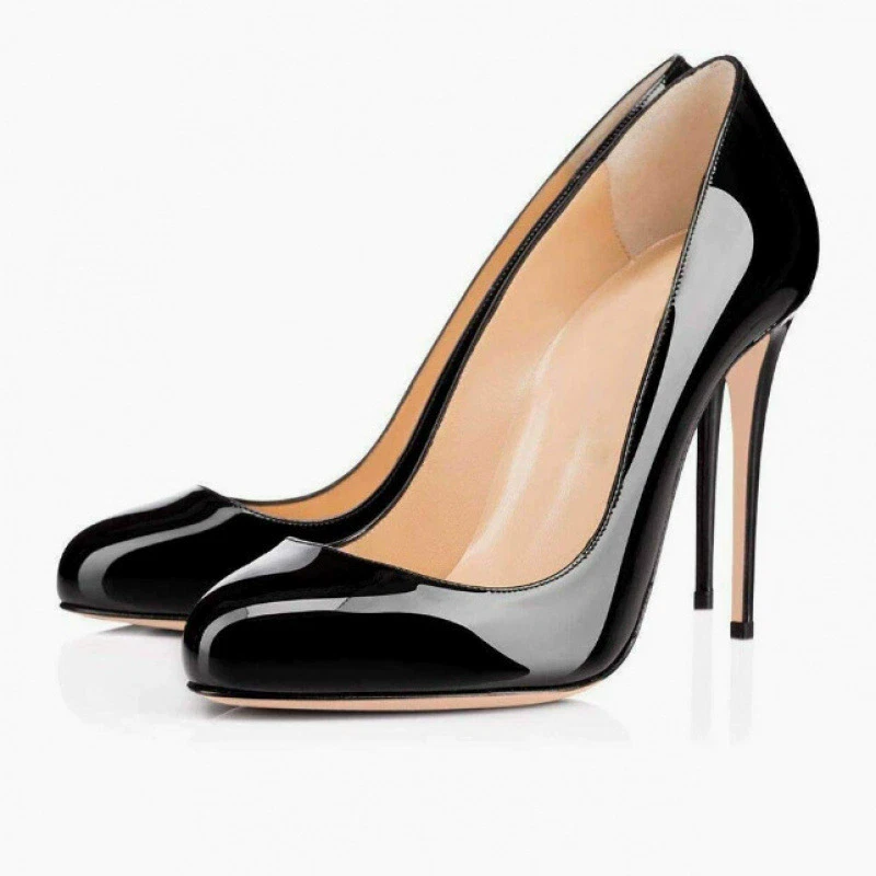 Zapatos de tacón alto para mujer punta redonda tacón de aguja punta baja charol en negro Foto 4 de 4