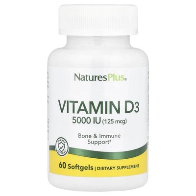 NaturesPlus, Vitamin D3, 125 mcg (5.000 IU), 60 Weichkapseln