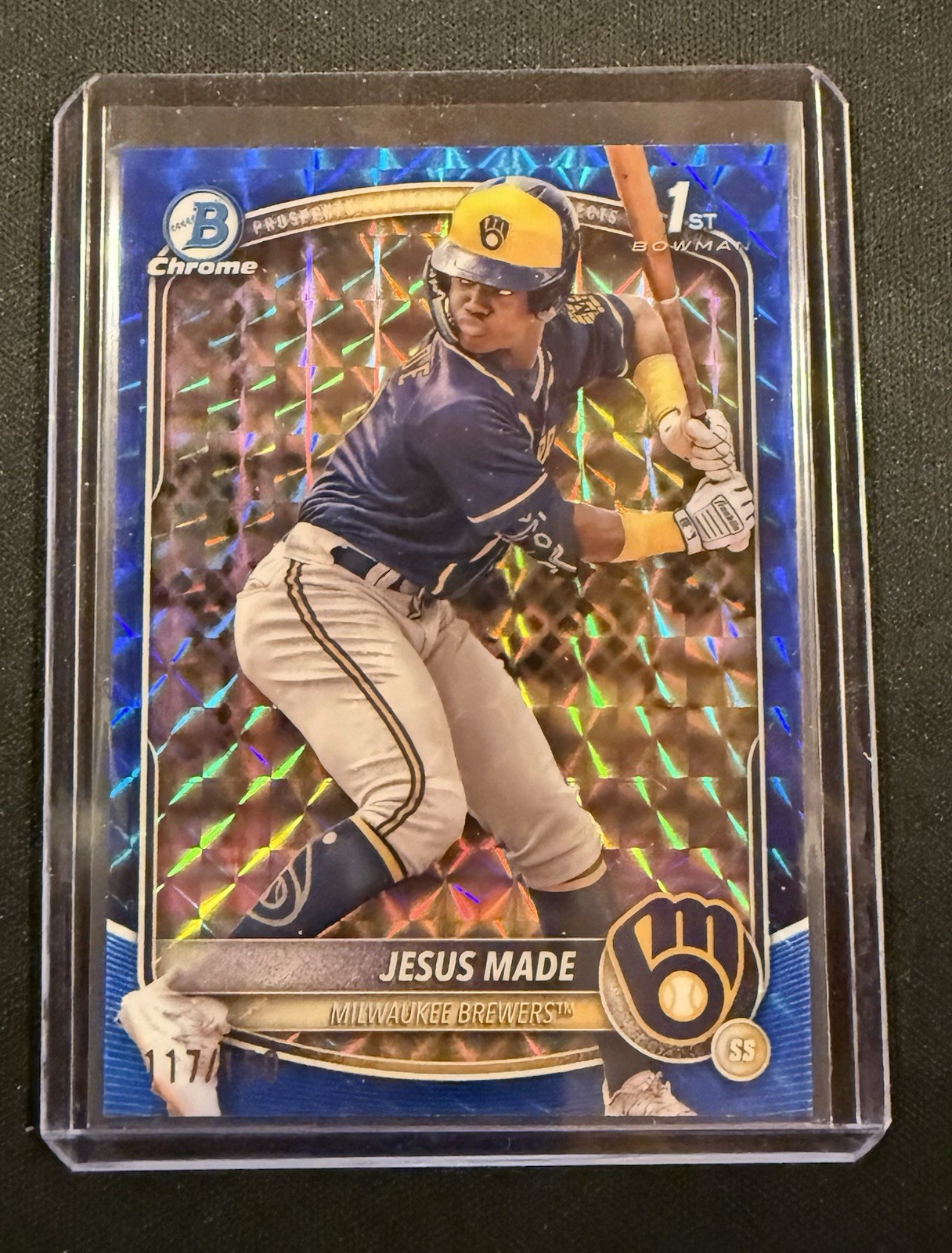 2025 Bowman Chrome 1st Jesus Made Blue Geometric Refractor /150 Brewers