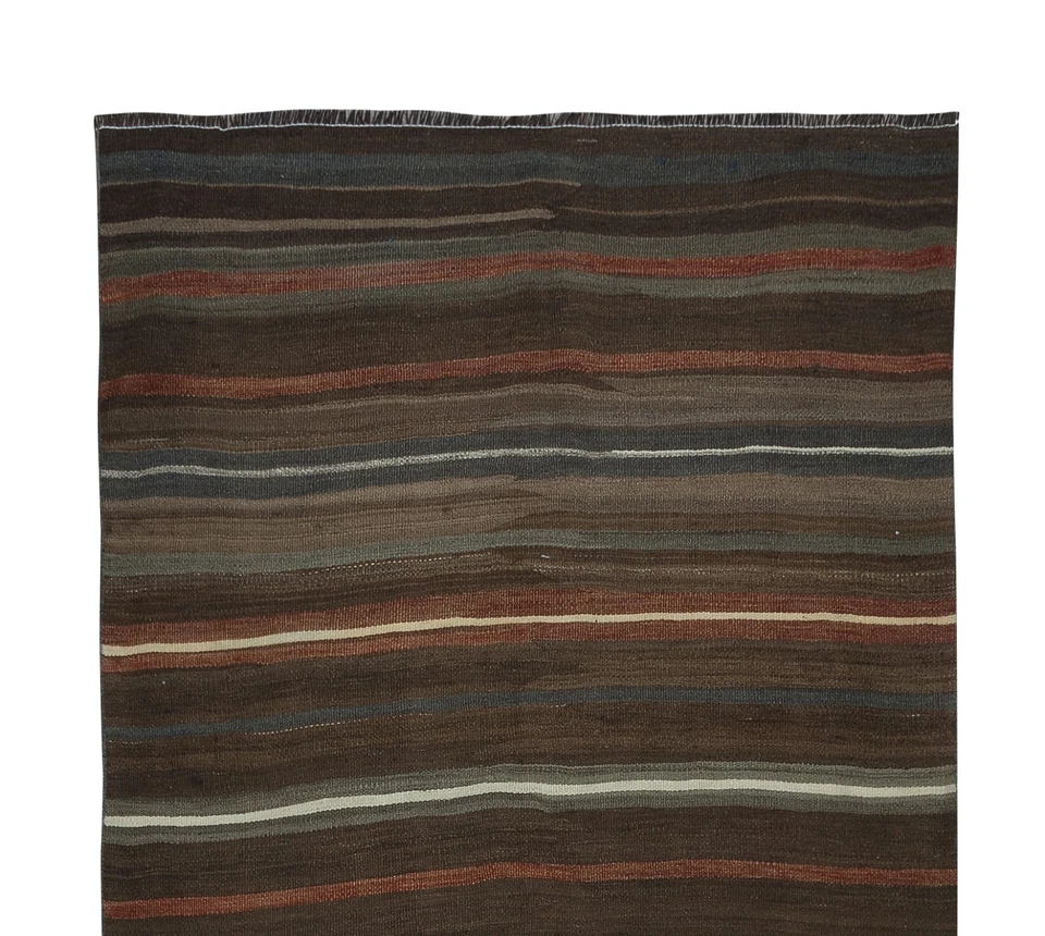 4.3x12.2 Ft Handwoven Vintage Striped Brown Kilim Runner. Flat-Weave Turkish Rug - Image 4 of 4